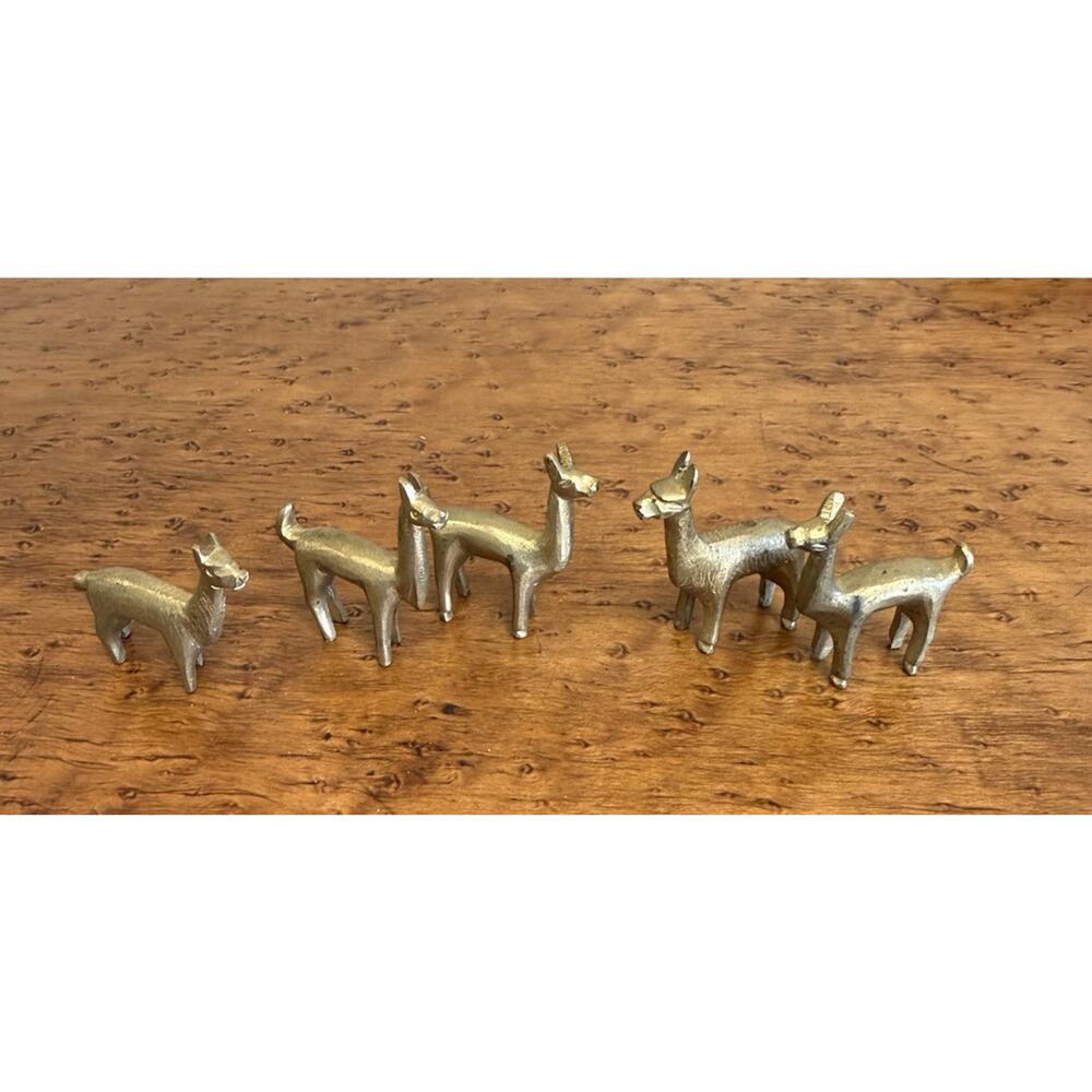 Set of 5 Mini Brass Llama Figurines Small Animal Decor 1.75” Tall